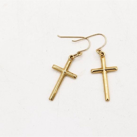 14K Gold Cross Dangle Earrings 23mm (112) - Picture 2 of 5